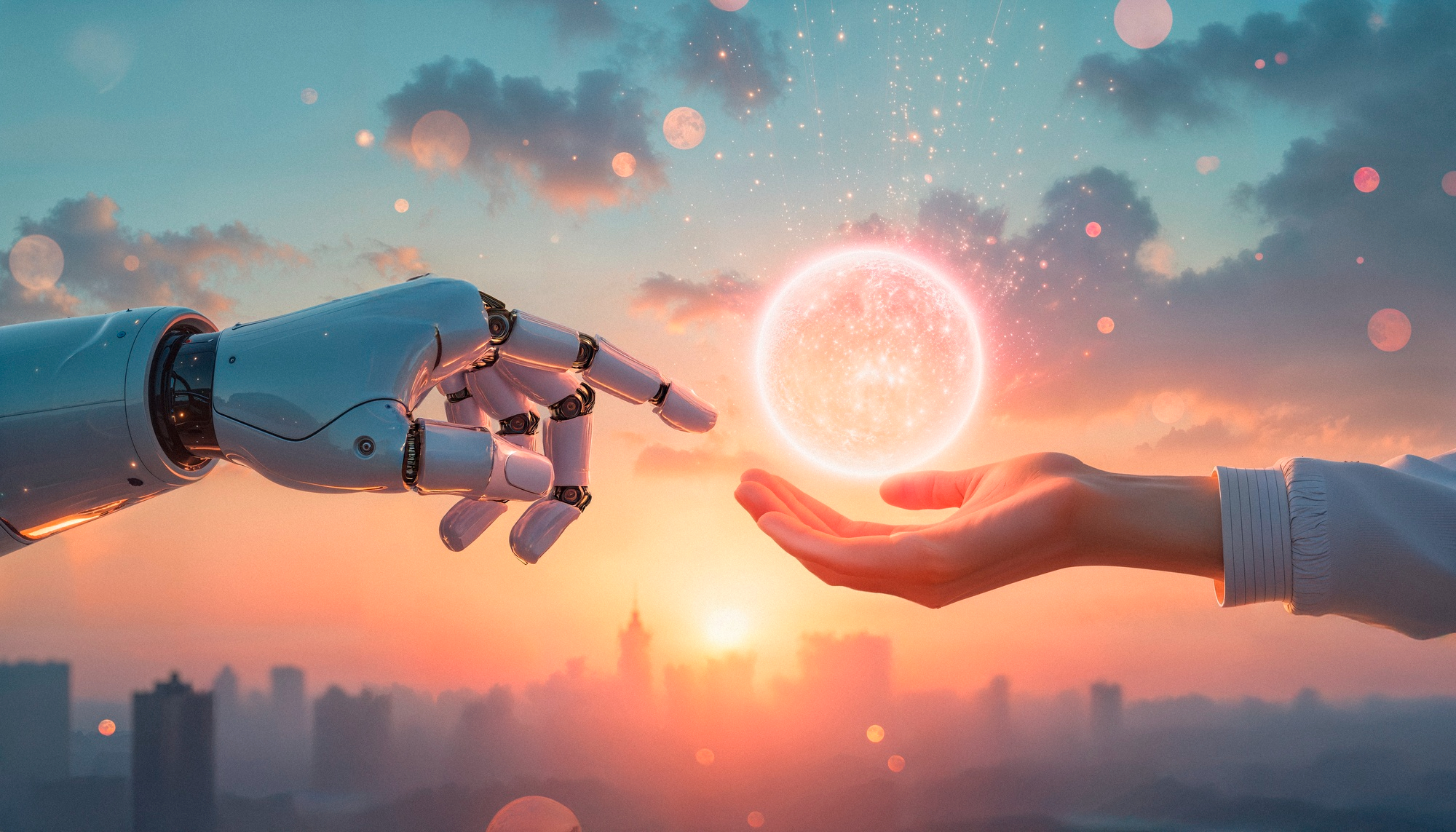 Human and robotic hands reaching toward a glowing orb